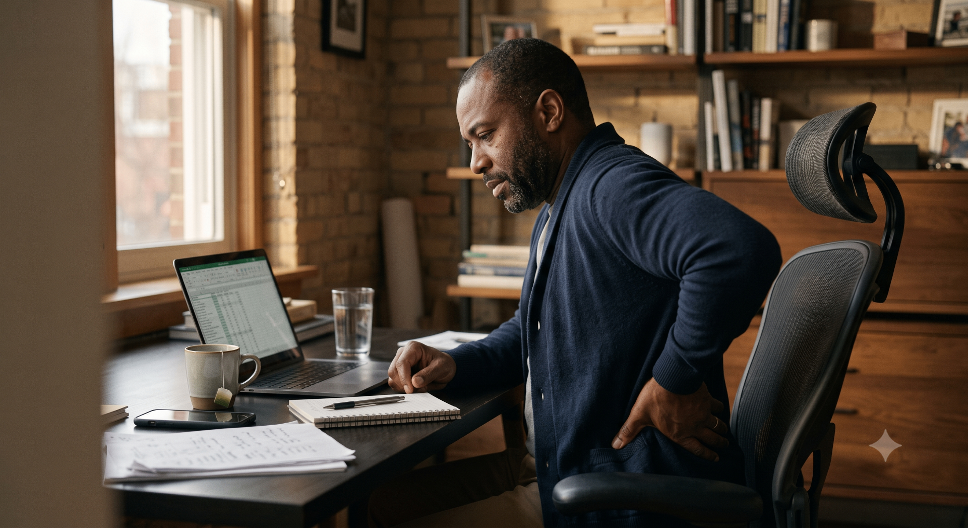 Man working at a desk holding his lower back due to sciatica pain