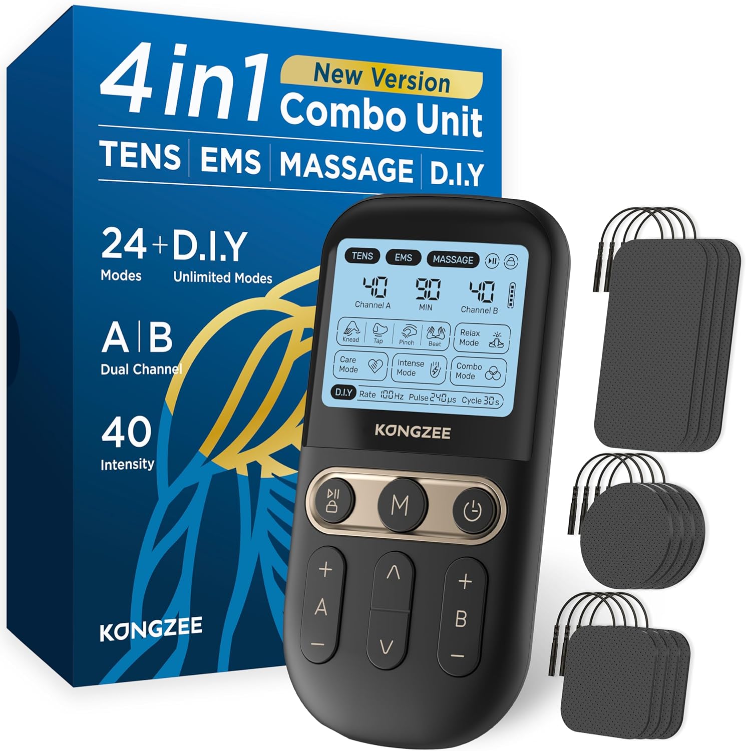 4-in-1 TENS and EMS muscle stimulator with dual-channel controls and electrode pads