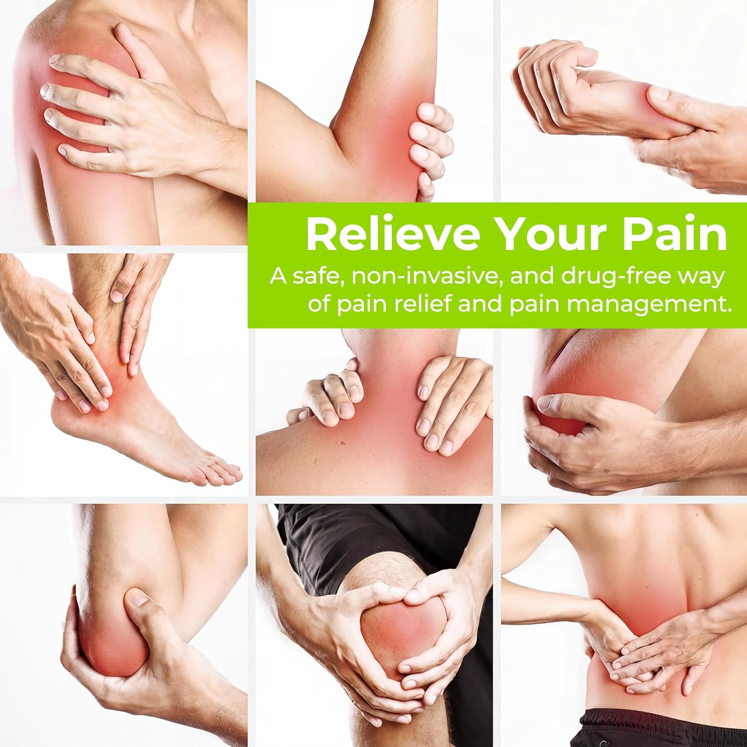 TENS machine target pain areas including back, shoulders and knees