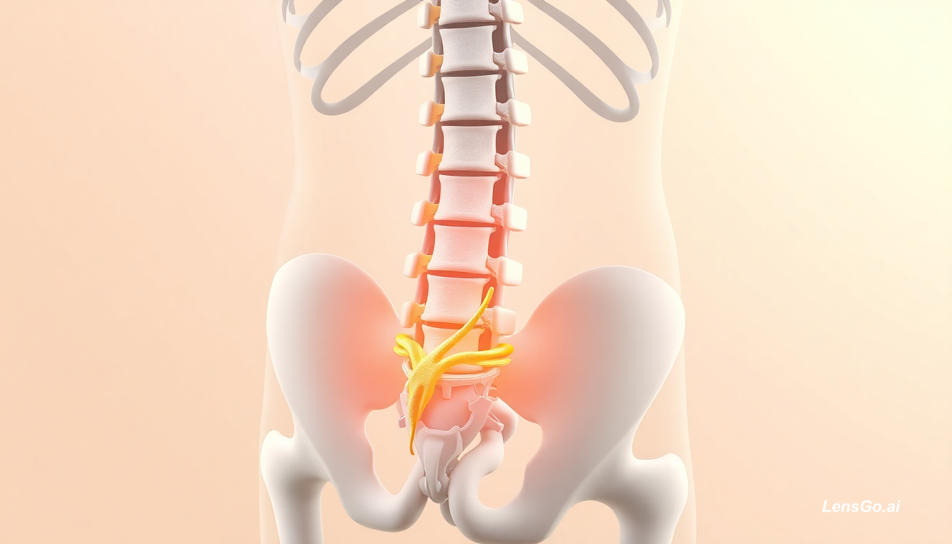 3D anatomy illustration showing the lower spine, pelvis and sciatic nerve highlighted in gold